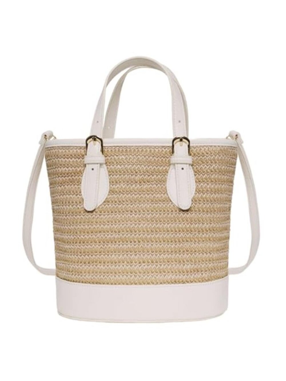 Trendy Women’s Straw Bucket Bag, Crossbody Shoulder Bags Summer Beach, White